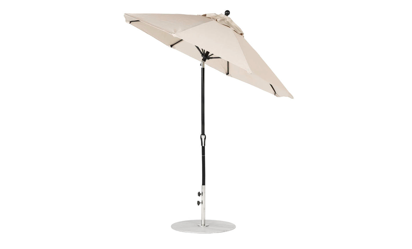 The Ledge Lounger Essential Fiberglass Umbrella, a 7.5 octagon with an auto-tilt crank, features a beige marine-grade canopy on a black pole with a round silver base, offering wind resistance and durability with side-view style.