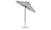 Against a plain white backdrop, the Essential Fiberglass Umbrella by Ledge Lounger, featuring a 7.5 octagon canopy in gray marine-grade fabric and a sleek black pole on a round metal base, highlights its design excellence with its partially open tilt position.