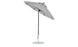 Against a plain white backdrop, the Essential Fiberglass Umbrella by Ledge Lounger, featuring a 7.5 octagon canopy in gray marine-grade fabric and a sleek black pole on a round metal base, highlights its design excellence with its partially open tilt position.