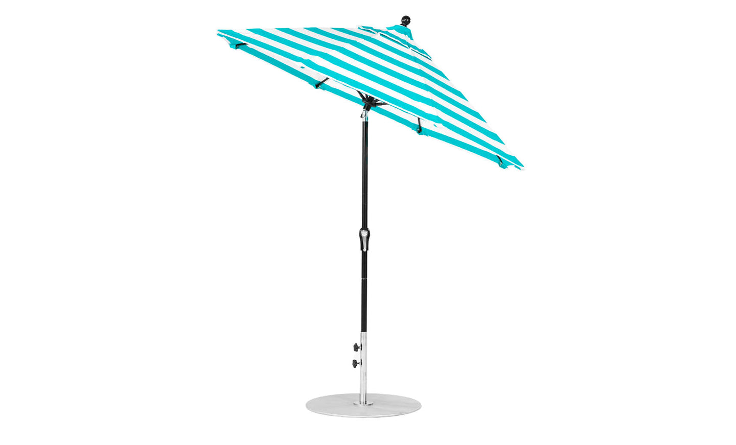 The Ledge Loungers Essential Fiberglass Umbrella boasts a 7.5 octagon shape with turquoise and white stripes, a sleek black pole, and a circular silver base. Made with marine-grade fabrics, its wind-resistant and perfect for coastal adventures.