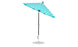 The Ledge Loungers Essential Fiberglass Umbrella boasts a 7.5 octagon shape with turquoise and white stripes, a sleek black pole, and a circular silver base. Made with marine-grade fabrics, its wind-resistant and perfect for coastal adventures.