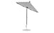 The Essential Fiberglass Umbrella - 7.5 Octagon Crank Auto Tilt by Ledge Lounger features a black and white striped design with marine-grade fabrics, an adjustable pole, and a round metal base. This wind-resistant umbrella boasts sturdy construction and a classic tilted design.