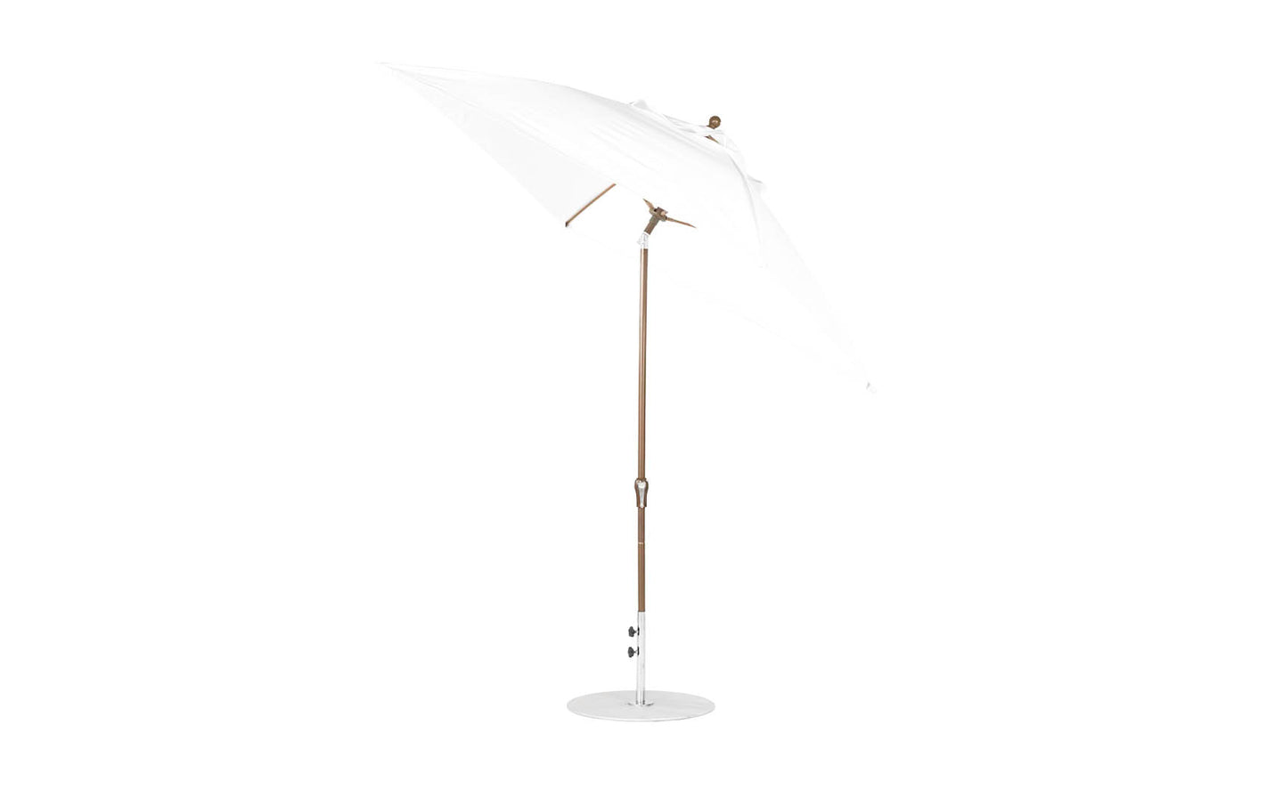 The Essential Fiberglass Umbrella - 7.5 Octagon Crank Auto Tilt by Ledge Lounger, showcasing marine-grade fabrics and wind resistance, features a wooden pole and circular base, standing slightly tilted to the right against a plain white background.