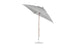 The Ledge Lounger Essential Fiberglass Umbrella features a 7.5 octagon design with a light gray canopy, wooden pole, and white circular base. Its wind resistant, includes an auto tilt crank mechanism, and offers marine-grade fabrics for a sleek garden or patio look.
