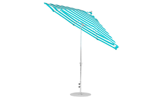 The Ledge Lounger Essential Fiberglass Umbrella - 11 Octagon Crank Auto Tilt boasts a blue and white striped canopy on an aluminum pole with a sturdy metal base. The tilted design highlights the vibrant stripes, ideal for outdoor relaxation.