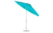 A large teal Ledge Lounger Essential Fiberglass Umbrella (11 octagon crank auto tilt) with an aluminum pole stands tilted and partially open on a circular base, crafted from marine-grade fabrics against a white background.