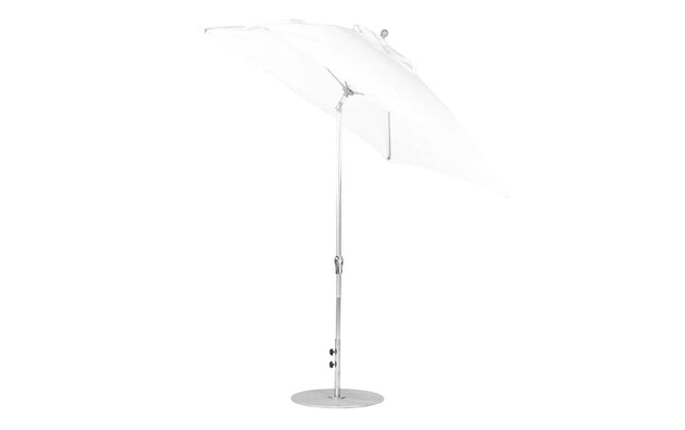 The Ledge Lounger Essential Fiberglass Umbrella, a 7.5 square crank auto tilt model with a sturdy metal pole and round base, is crafted from marine-grade fabrics for durability. Its corrosion-resistant qualities are evident as it stands upright against a white background.