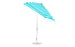 The Ledge Lounger Essential Fiberglass Umbrella, with a blue and white striped canopy, is perched on a metallic pole with a round base. This 7.5 square crank auto tilt design uses marine-grade fabrics for durability and corrosion resistance.