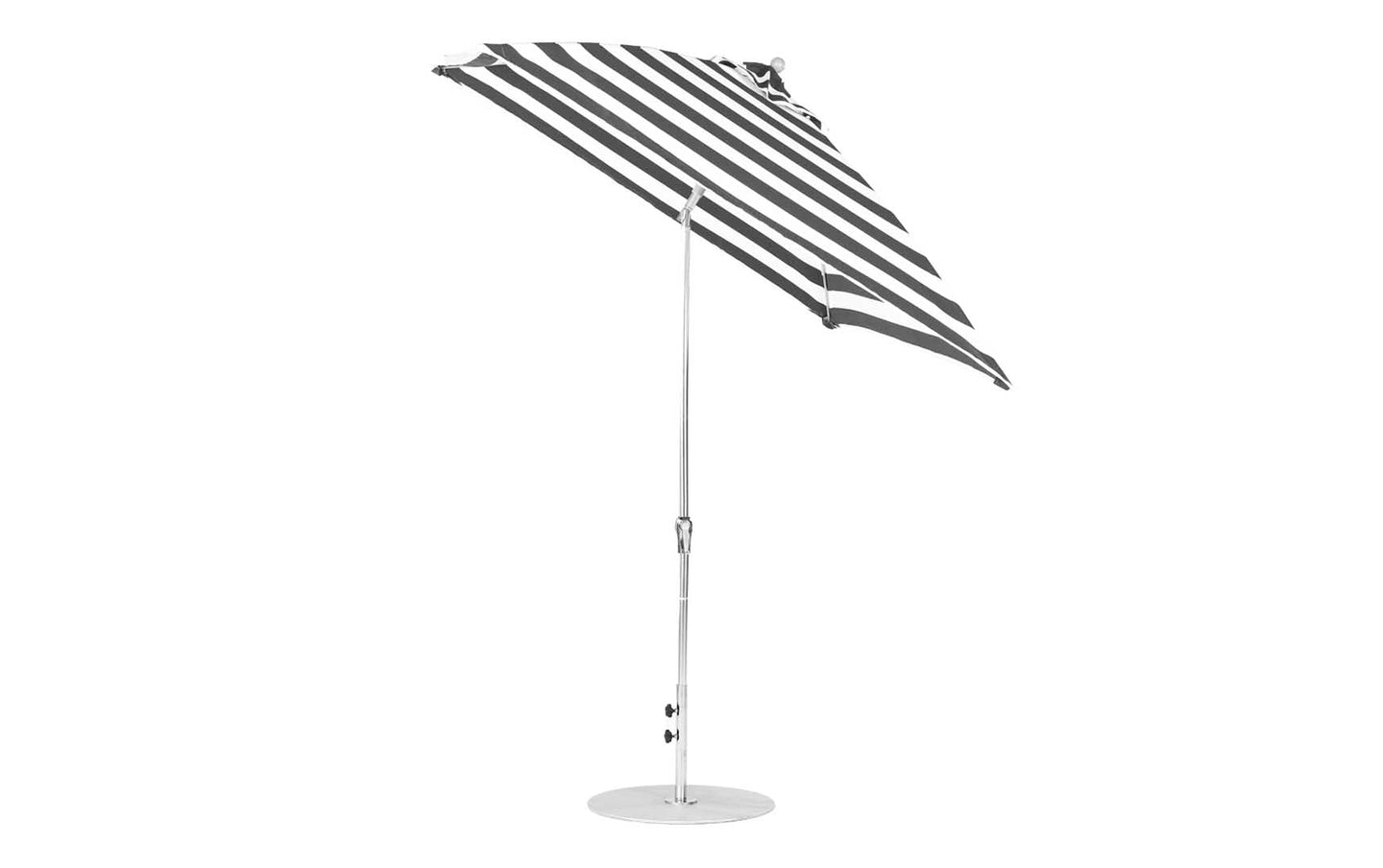 The 7.5 Square Crank Auto Tilt Essential Fiberglass Umbrella by Ledge Lounger boasts marine-grade striped black and white fabric. It includes a corrosion-resistant metal pole, round base, and tilts slightly against a plain white background.