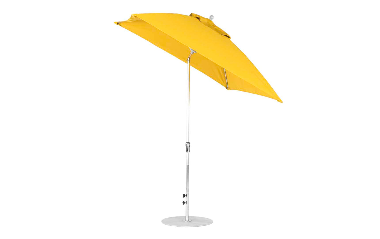 The Ledge Lounger Essential Fiberglass Umbrella features a 7.5 square canopy in yellow with a silver pole and round base. Made from marine-grade fabrics, its crank auto-tilt design offers angled shade, and wind-resistant features ensure stability even in breezy conditions.