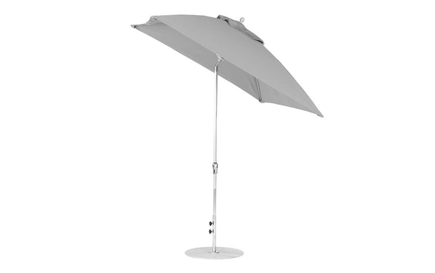 The Ledge Lounger Essential Fiberglass Umbrella-7.5 Square Crank Auto Tilt is a gray outdoor accessory with a corrosion-resistant metal pole and sturdy round base, featuring a marine-grade fabric canopy, open against a white background.