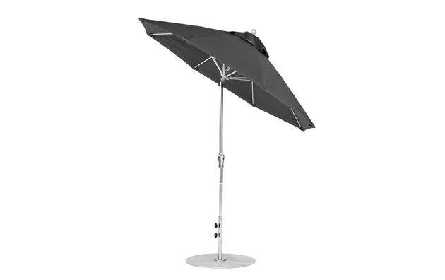 The Ledge Lounger Essential Fiberglass Umbrella features a black octagonal canopy with marine-grade fabric and a silver metal pole with a round base. Its crank auto-tilt mechanism allows easy adjustment, offering wind resistance and durability for all weather conditions.