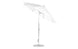 The Ledge Lounger Essential Fiberglass Umbrella, a 9 octagon crank auto tilt, features a large white canopy with a stainless steel pole and base. Crafted from marine-grade fabric, its slightly tilted for outdoor use, ensuring shade and modern style.