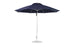 The Ledge Lounger Essential Fiberglass Umbrella, featuring an 11 octagon canopy made from marine-grade fabrics in navy blue, is supported by a sturdy white metal pole. This wind-resistant patio umbrella stands upright with a circular base for ground stability.