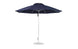 The Ledge Lounger Essential Fiberglass Umbrella, featuring an 11 octagon canopy made from marine-grade fabrics in navy blue, is supported by a sturdy white metal pole. This wind-resistant patio umbrella stands upright with a circular base for ground stability.