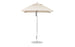 A Ledge Lounger Essential Fiberglass Umbrella - 6.5 Square Pulley in beige stands open on a white background, featuring an aluminum center pole and a round metal base that support its marine-grade fabrics for durable outdoor style.