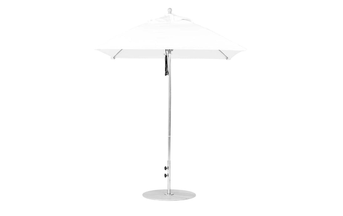 A 6.5 Square Pulley Essential Fiberglass Umbrella by Ledge Lounger stands upright with a sleek aluminum center pole and circular base, set against a plain white background.