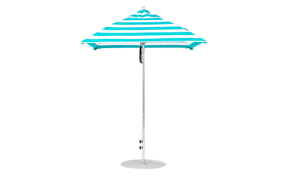 A turquoise and white striped Ledge Lounger Essential Fiberglass Umbrella - 6.5 Square Pulley with a pointed top features an aluminum center pole and round base, set against a plain white background.