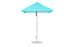 A turquoise and white striped Ledge Lounger Essential Fiberglass Umbrella - 6.5 Square Pulley with a pointed top features an aluminum center pole and round base, set against a plain white background.