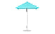 A turquoise and white striped Ledge Lounger Essential Fiberglass Umbrella - 6.5 Square Pulley with a pointed top features an aluminum center pole and round base, set against a plain white background.