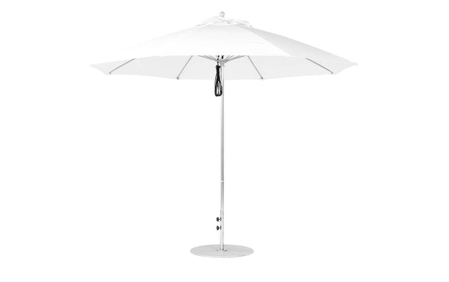 The Ledge Lounger Essential Fiberglass Umbrella - 11 Octagon Pulley features a metal pole, a round canopy, and a simple base. This wind-resistant white outdoor umbrella provides shade and weather protection with its durable marine-grade fabrics.