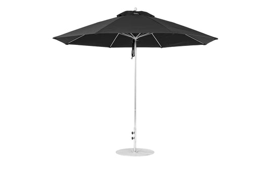 The Essential Fiberglass Umbrella - 11 Octagon Pulley by Ledge Lounger is a black patio umbrella with a silver pole and round base, made from marine-grade fabrics for durability. This wind-resistant design features multiple panels for ample shade and is shown on a plain white background.