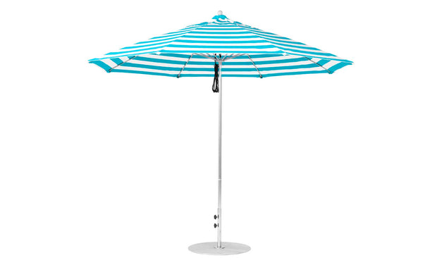 The Essential Fiberglass Umbrella by Ledge Lounger features a blue and white stripe design. This 11 octagon umbrella is wind-resistant with a metal pole for durability, standing open on a round base for stability.