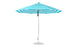 The Essential Fiberglass Umbrella by Ledge Lounger features a blue and white stripe design. This 11 octagon umbrella is wind-resistant with a metal pole for durability, standing open on a round base for stability.