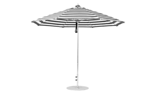 The Ledge Lounger Essential Fiberglass Umbrella - 11 Octagon Pulley features a sleek black and white stripe, a durable metal pole with round base, and marine-grade fabric canopy ideal for outdoor settings.