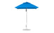 The Essential Fiberglass Umbrella by Ledge Lounger, a 6.5 square pulley model, has a blue canopy made of marine-grade fabric with an aluminum pole on a white round base. Its triangular shape offers shade and elegance, standing isolated on a white background.