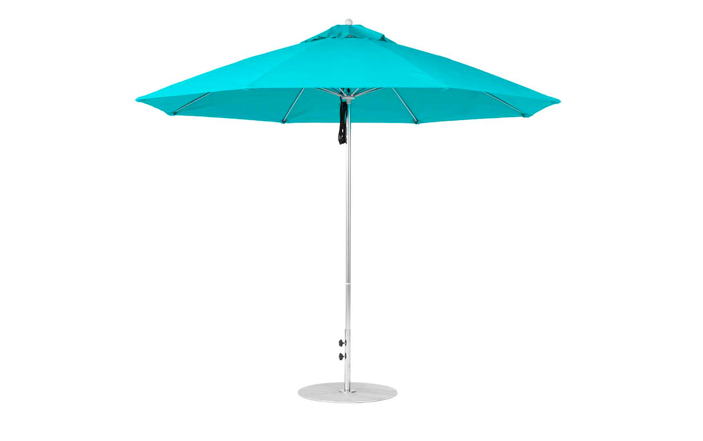 An open turquoise Essential Fiberglass Umbrella by Ledge Lounger, featuring an 11 octagon canopy with marine-grade fabrics, stands on a metal pole and base. The adjustable pole tilts for optimal shade against a plain white background.