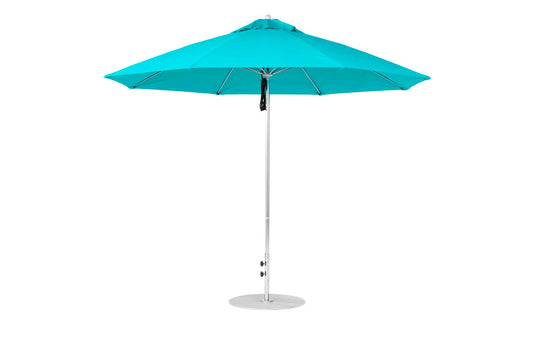 An open turquoise Essential Fiberglass Umbrella by Ledge Lounger, featuring an 11 octagon canopy with marine-grade fabrics, stands on a metal pole and base. The adjustable pole tilts for optimal shade against a plain white background.