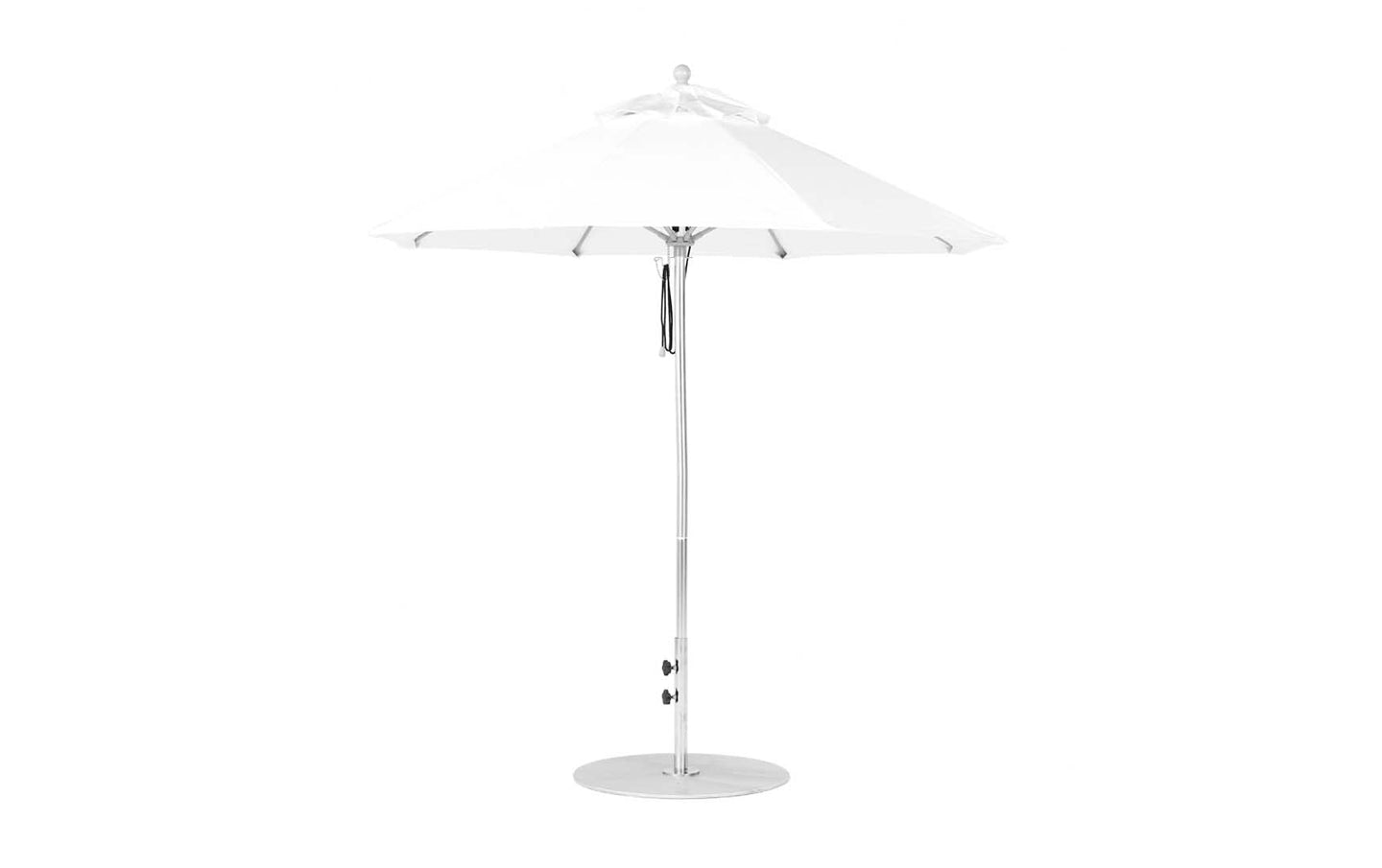 The Essential Fiberglass Umbrella - 7.5 Octagon Pulley by Ledge Lounger features a tall white canopy made from marine-grade fabrics, a sleek metal pole with a round base, and a simple modern design for gardens or patios. Its wind-resistant build ensures stability during breezy days.