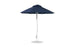 The Ledge Lounger Essential Fiberglass Umbrella - 7.5 Octagon Pulley features a wind-resistant blue canopy crafted from marine-grade fabrics with a pointed top and stands on a white metal pole against a white background, supported by its round base for durability.