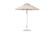 The Ledge Lounger Essential Fiberglass Umbrella features a 7.5 octagon canopy made of marine-grade fabrics and a metal cap, with a sturdy metal pole and round base. This wind-resistant model stands upright, showcasing evenly spaced panels when fully opened.