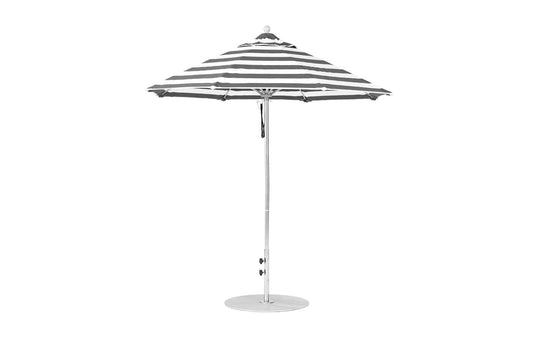 The Ledge Lounger Essential Fiberglass Umbrella - 7.5 Octagon Pulley features a stylish black and white stripe design, silver pole, and flat base. Made with wind-resistant fiberglass and marine-grade fabrics for durability in challenging beach conditions against a plain white background.