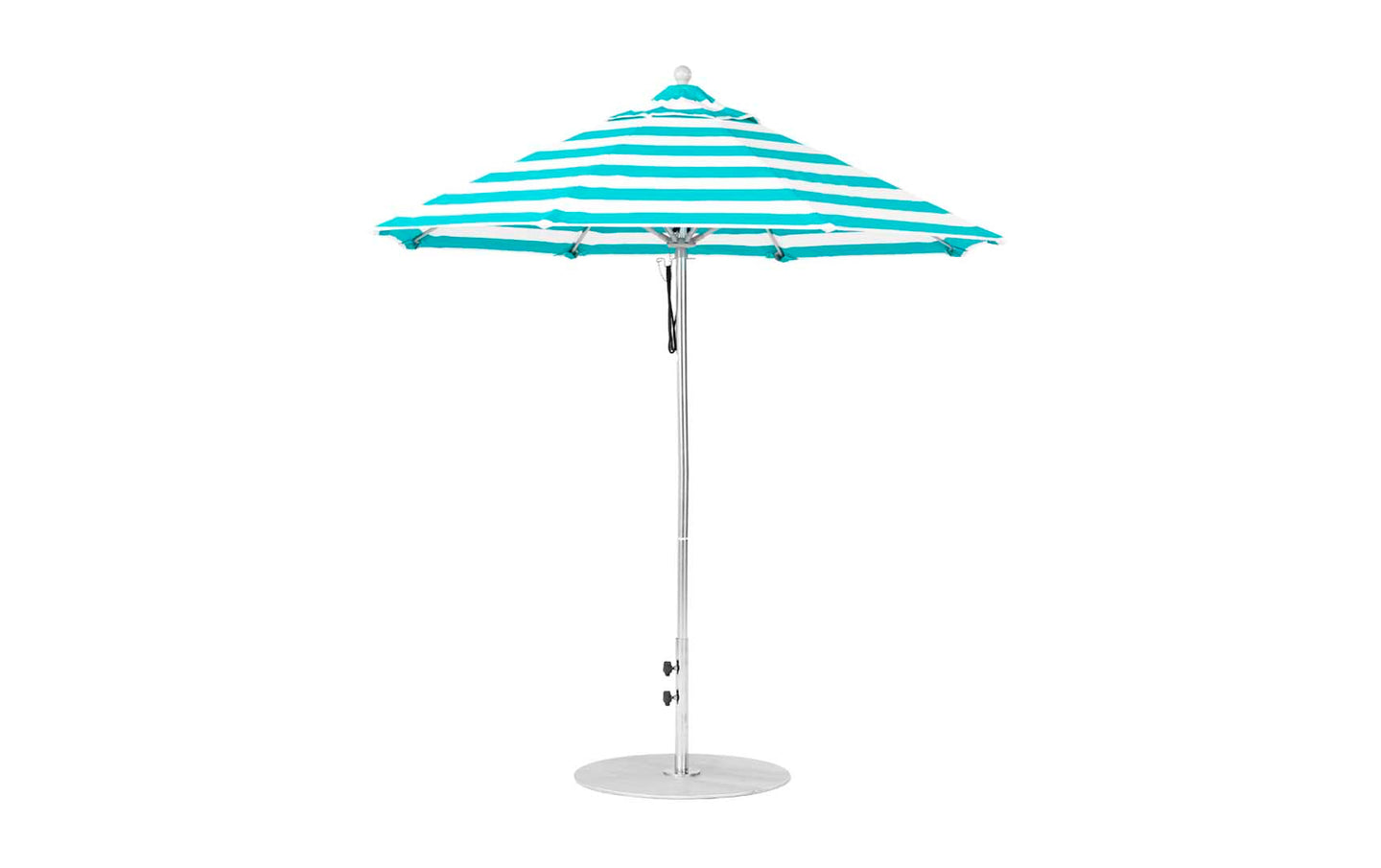 The Ledge Lounger Essential Fiberglass Umbrella - 7.5 Octagon Pulley boasts a turquoise and white striped design with marine-grade fabric and a shiny silver pole. It features a pointed top for wind resistance, standing fully upright on a plain white background.
