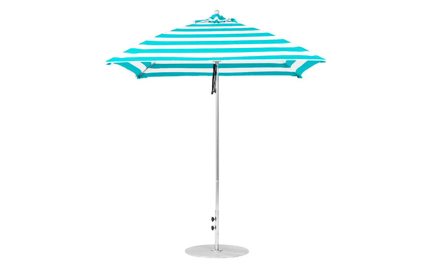 The Ledge Lounger Essential Fiberglass Umbrella - 7.5 Square Pulley, made from marine-grade fabrics with turquoise and white stripes, stands open on a slender silver pole with a round base, ideal for outdoor use at the beach or in a garden.