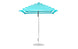 The Ledge Lounger Essential Fiberglass Umbrella - 7.5 Square Pulley, made from marine-grade fabrics with turquoise and white stripes, stands open on a slender silver pole with a round base, ideal for outdoor use at the beach or in a garden.