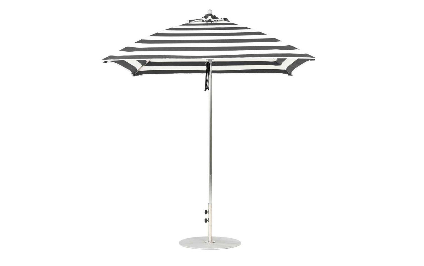 The Essential Fiberglass Umbrella - 7.5 Square Pulley by Ledge Lounger, with black and white stripes, marine-grade fabric, a silver pole, and round base is open against a plain white background.