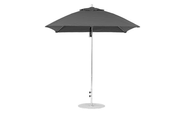 The Ledge Lounger Essential Fiberglass Umbrella, featuring marine-grade fabric in black with a silver pole and circular base, stands upright against a white background.