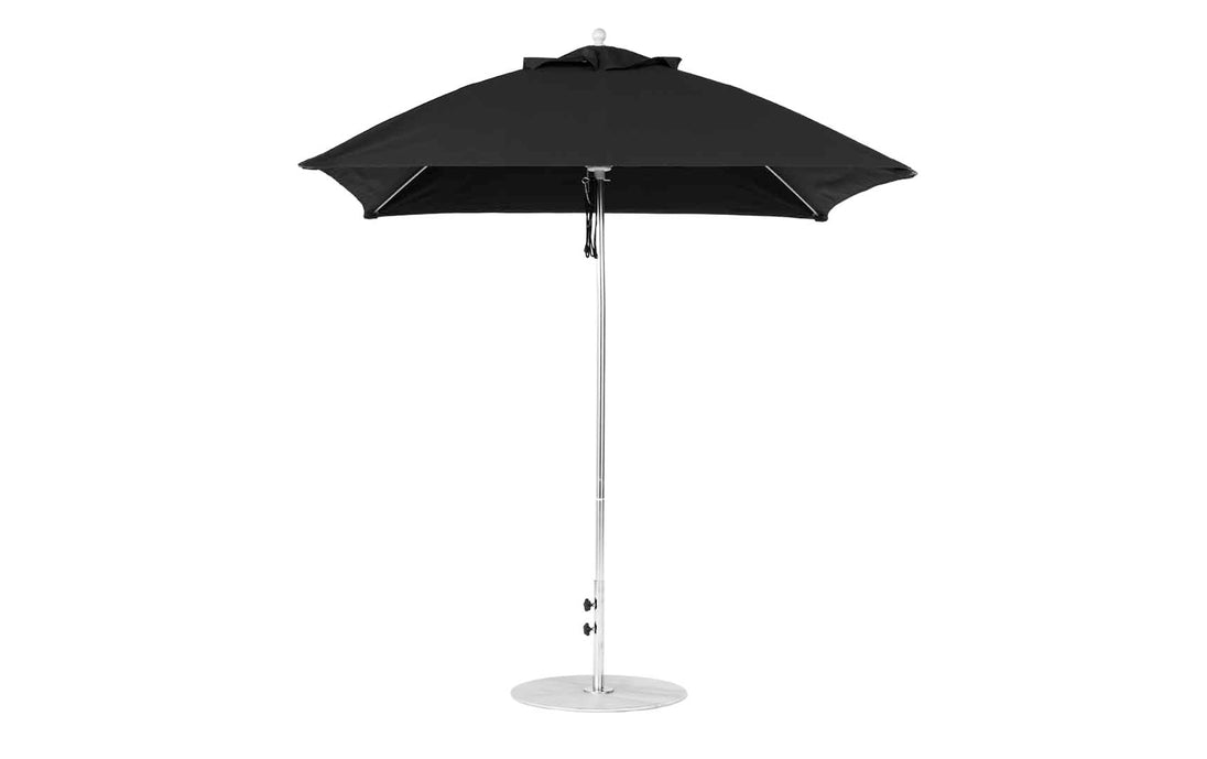 The Essential Fiberglass Umbrella - 7.5 Square Pulley by Ledge Lounger, featuring a black canopy, shiny silver pole, and round base crafted from marine-grade fabrics for lasting durability, is shown against a white background.