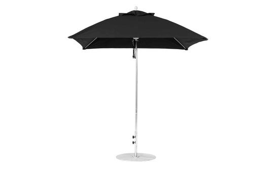 The Essential Fiberglass Umbrella - 7.5 Square Pulley by Ledge Lounger, featuring a black canopy, shiny silver pole, and round base crafted from marine-grade fabrics for lasting durability, is shown against a white background.