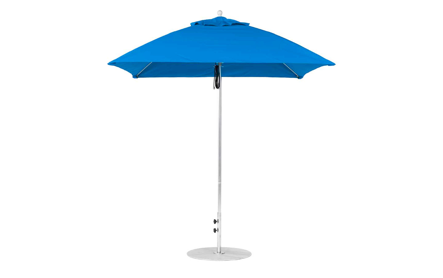 The Ledge Lounger Essential Fiberglass Umbrella, a 7.5 square pulley in blue with a silver pole and round base, is open. Made from marine-grade fabric, its smooth, minimalist design ensures durability and provides shade on sunny days.