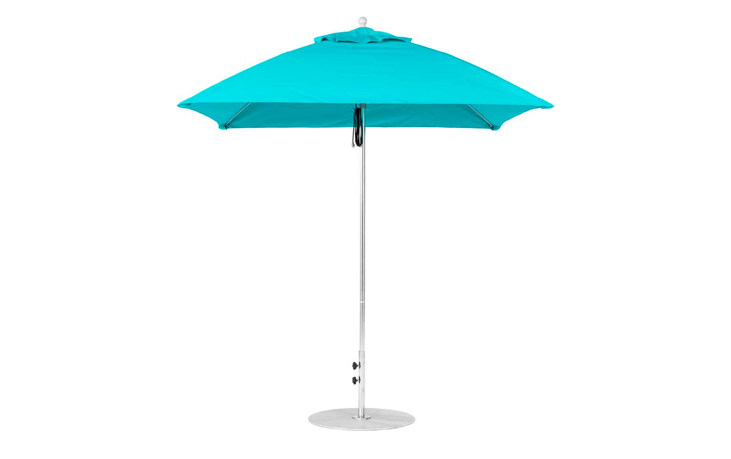 The Essential Fiberglass Umbrella - 7.5 Square Pulley by Ledge Lounger is a turquoise beach umbrella made from marine-grade fabrics with a silver metal pole and base, shown open against a white background, its smooth fabric ensuring durability.