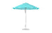 The Ledge Lounger Essential Fiberglass Umbrella, 9 Octagon Pulley, flaunts marine-grade blue and white striped fabrics on a silver pole with a round base. Its sleek design against a white background underscores its durability and elegance, ideal for any beach day.