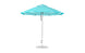 A 9 octagon-shaped Essential Fiberglass Umbrella by Ledge Lounger featuring teal and white stripes with a metallic pole and sturdy base. It opens to reveal alternating stripes made from durable marine-grade fabrics for lasting elegance.