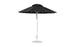 A sleek black Essential Fiberglass Umbrella from Ledge Lounger, featuring a 9 octagon canopy with marine-grade fabric and a round top, stands upright on a flat silver umbrella base against a plain white background.