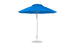 The Ledge Lounger Essential Fiberglass Umbrella features a marine-grade fabric in blue with a silver pole and round, flat base. Standing upright, its wide octagonal canopy enhances the vibrant color against a plain white background.