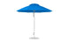 The Ledge Lounger Essential Fiberglass Umbrella features a marine-grade fabric in blue with a silver pole and round, flat base. Standing upright, its wide octagonal canopy enhances the vibrant color against a plain white background.
